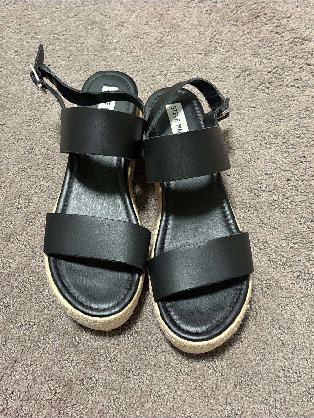 Steve Madden Black Leather Double-Strap Espadrille Sandals